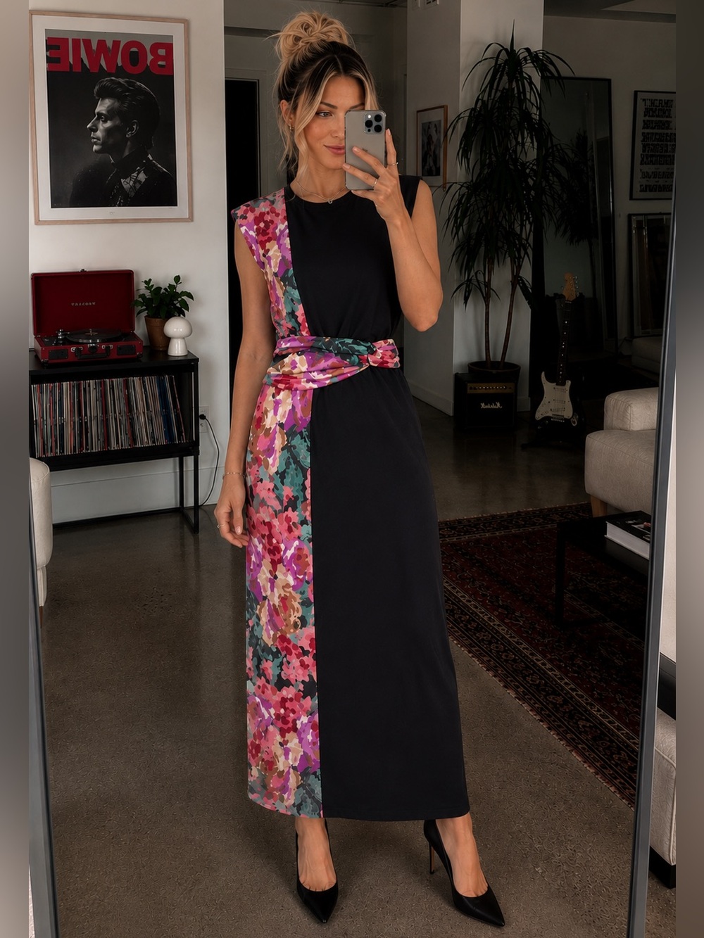 Tuckernuck Cleo Climbing Roses Black Floral Panel Jersey Midi Dress Large New